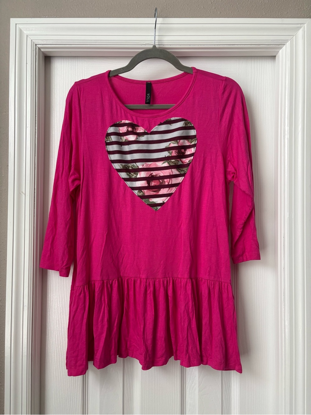 Bright Pink Women’s Heart Tunic Top with Floral Stripe Accent